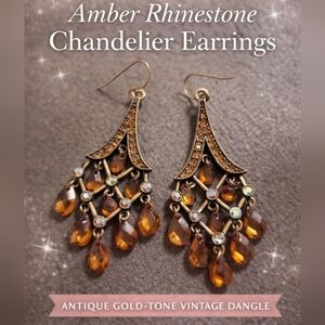 Amber Rhinestone Chandelier Earrings – Antique Gold-Tone Vintage Dangle